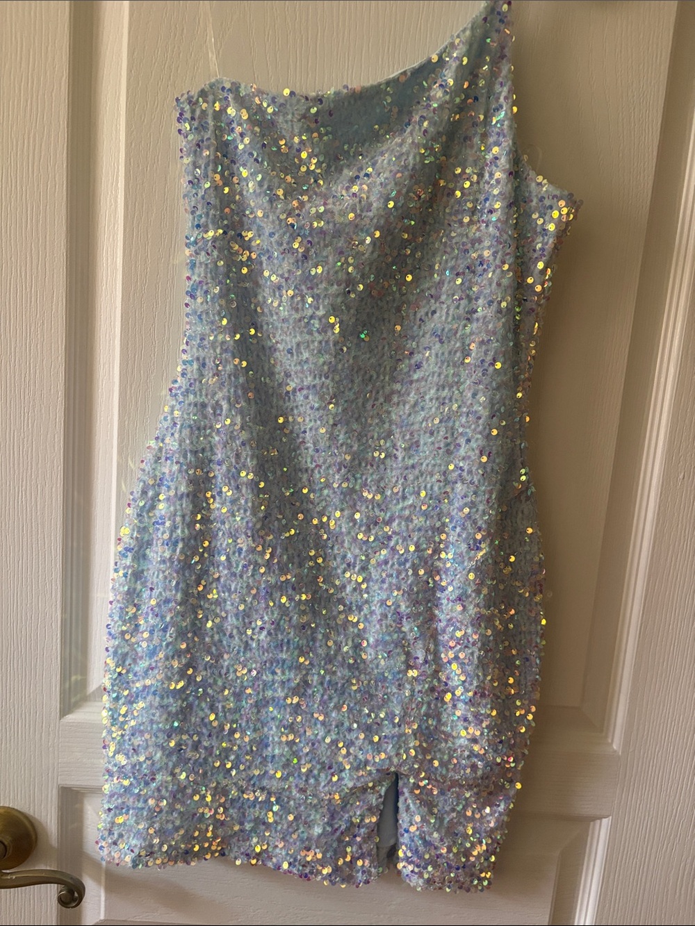 One-Shoulder midnight doll from‎ Dillard’s Sequin Mini Dress in Light Blue S